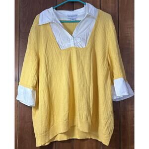 Sag Harbor Woman 3X Knit Cardigan Top Short Sleeve Yellow And White Cute V5